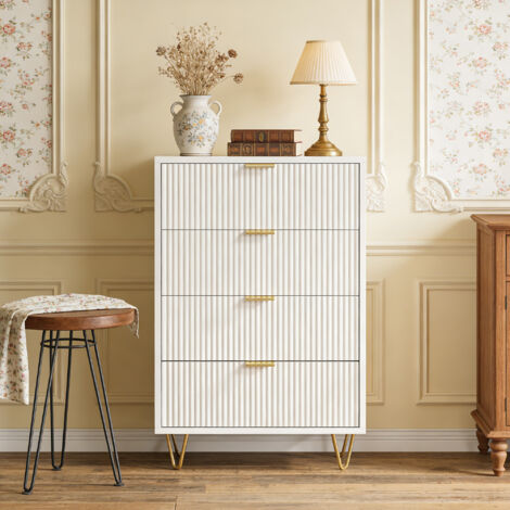 Commode 4 tiroirs coulissants, Meuble de rangement, Intégrée Dispositif Anti-trébuchement, pour chambre/salon/bureau, Style Scandinave, 60x34x91, Blanc