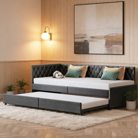 Canapé lit gigogne 90/180x200 cm, lit 2 places convertible avec sommier à lattes, lit de jour extensible, Tissu en velours résistant, style scandinave, Gris