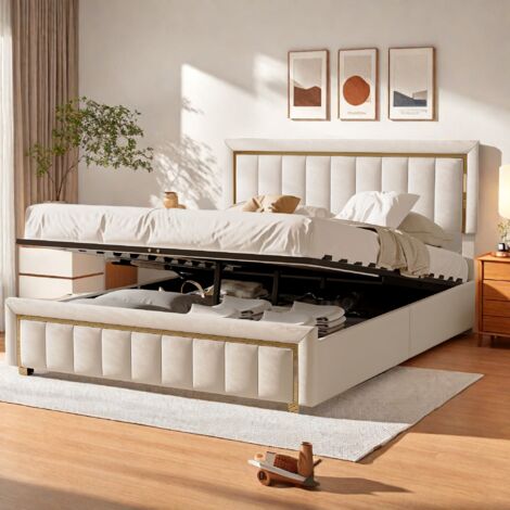 Lit coffre 160x200 cm, lit double avec sommier et rangement hydraulique, lit rembourré, cadre de lit adulte, 2 personnes, tissu velours, beige
