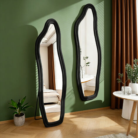 Miroir De Sol Pleine Longueur Irrégulier 160 x 50 cm, Miroir Mural avec Cadre en Velours et Alliage D'aluminium, pour Chambre, Salon et Entrée, Noir