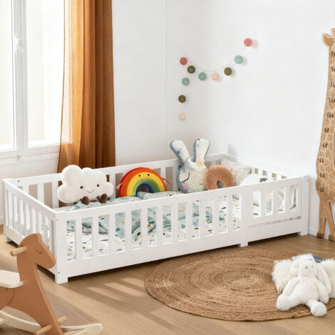 Lit au Sol 90x190 cm, Lit Enfant Montessori avec Barrière de Sécurité et Sommier, Bois Massif Pin, Lit simple cabane 1 place, Blanc