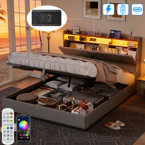 Lit Coffre 160x200 CM avec Sommier -Lit Double avec LED et USB - Lit Hydraulique avec Rangement sous le lit - 2 Personnes - Lin Gris