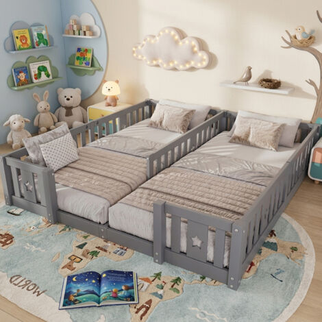 Lit au sol enfant 180x200cm - Lit Montessori avec barrière de sécurité - lit double 2 places pour bébé ou enfant - Pin massif gris
