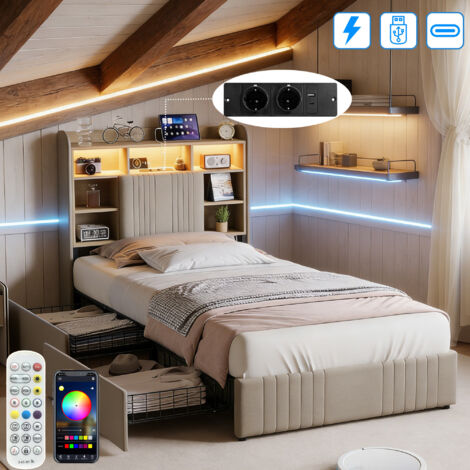 Lit 90x200 avec sommier LED et USB, lit simple coffre avec 2 tiroir de rangements, lit bibliothèque pour ado et enfants, lin, beige
