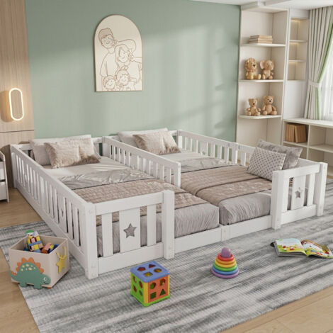 Lit au sol enfant 2x90x200 cm - Lit montessori avec sommier à lattes + barrière de sécurité - Lit double 2 places - Pin massif blanc