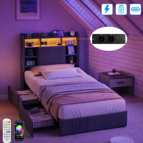 Lit 90x200cm avec sommier LED et USB, lit simple coffre avec 2 tiroir de rangements, lit bibliothèque pour ado et enfants, lin, girs