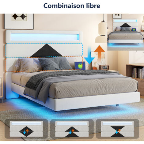 Lit double 140x190 cm avec lumières LED, lit flottant rembourré, tête de lit avec fonction chargement USB Tpye C, lit suspendu, tissu en velours, blanc (1/5)