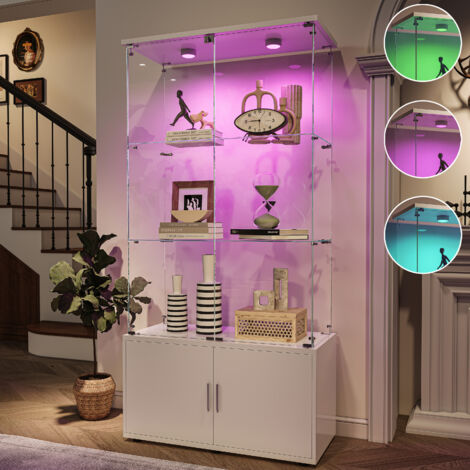 Vitrine en Verre avec Lumières LED, Meuble de rangement avec Armoires, 3 étagères et 2 portes, avec serrure, pour Collection, moderne, 164x78x35 cm, blanc