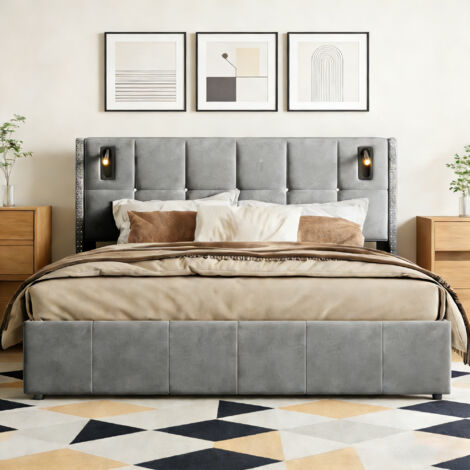 Lit coffre 160x200 cm avec sommier, lit rembourré avec Lampes de Lecture, lit double, lit adulte, cadre de lit, design rivets, velours, gris (1/5)