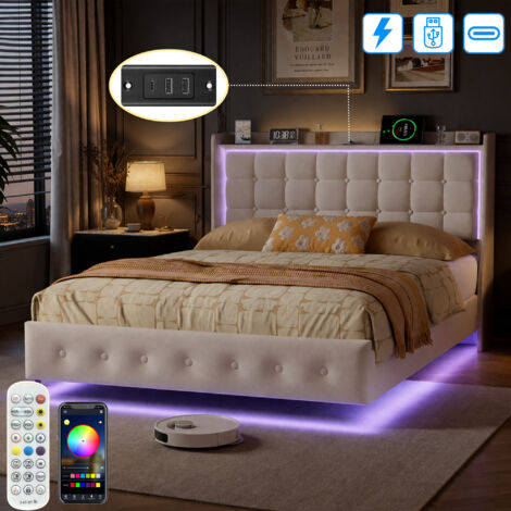 Lit 140x200 CM avec Sommier LED et USB Tpye C - Lit Flottant 2 Personnes - Tête de Lit Rembourrée avec Rangement - Velours Blanc