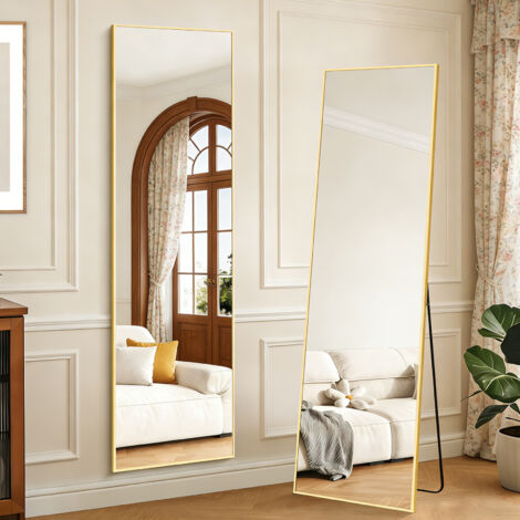 Miroir de Sol 162 x 53 cm, Pleine Longueur avec Cadre en Aluminium, Grand Miroir Mural Moderne à Poser ou à Suspendre Miroir sur Pied, Or