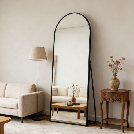 Miroir Complet arqué 164x54 cm, Miroir pleine longueur avec Cadre en Alliage d’Aluminium, Grand Miroir de Sol/Miroir Mural, Verre Trempé, Bombé, Noir