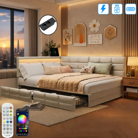 Canapé Lit Rembourré 140x190 avec LED et port USB Tpye-C, Lit double avec 2 Tiroirs et nombreux rangements, Sommier à Latte, Beige