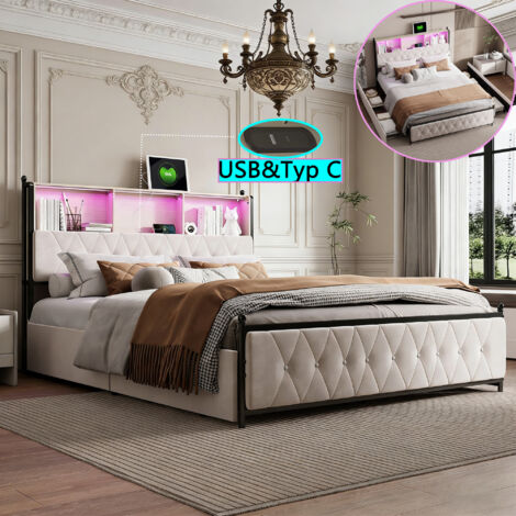 Lit 140x200 cm avec sommier à lattes, lit rembourré avec éclairage LED et chargement USB, lit double avec 4 tiroirs, tête de lit rembourrée avec rangement, lits de rangement, pour adultes, adolescents (1/5)