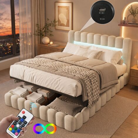 Lit 140x200 avec Sommier LED et USB C, Lit Coffre 140x200 avec Rangement et Tete, Capitonné Double avec à Lattes, Rembourré 2 Personnes Cadre de Lin, Beige
