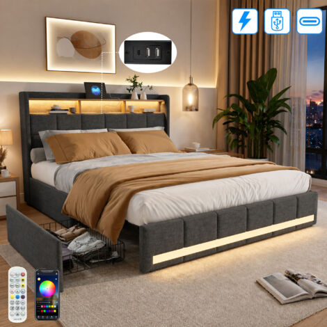 Lit 140x190 avec éclairage LED et Charge USB Tpye C, Lit Double rembourré avec 4 tiroirs de Rangement et tête de lit avec 3 Compartiments,en Lin, Lits 2 Personnes pour Adultes et Ado,Gris