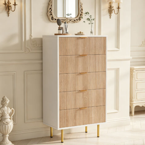 Commode à 5 tiroirs 60cm, Commode Étroite avec Grand Espace de Rangement, Armoire avec Plafond Spacieux pour Salon, Chambre à Coucher, Pieds Métal, Motif de Ligne, Blanc + Naturel