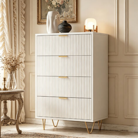 Commode 4 tiroirs Commode Chambre Meuble de Rangement Moderne avec poignées et Pieds dorés, pour Chambre à Coucher, Salon, dim. 60 x 34 x 91 cm, Blanc