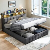 Lit Coffre 140x190 CM - avec LED Réglable et USB Tpye C - Lit adult avec Hydraulique Rangement et Tete de Lit Capitonné - Sommier à Lattes - 2 Personnes - Lin - Gris