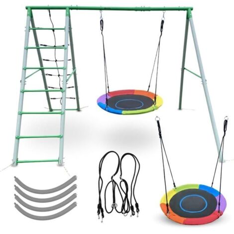 Set De Columpio Nido Con Red Y Escalera Para Exterior – Carga 45 Kg En El Asiento – Marco De Acero Anti-UV – Hypermotion – Para Niños De 3 A 10 Años
