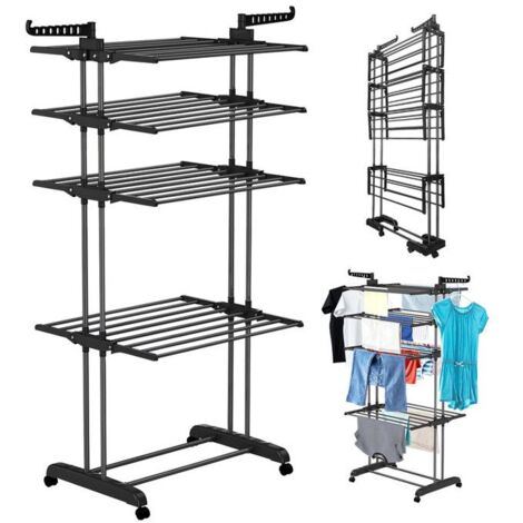 Séchoir à Linge Pliable WeValley, Acier Inoxydable Antirouille, 4 Niveaux, Pliable Compact, Pour Intérieur Extérieur Balcon, Nior