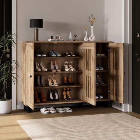 Meuble à Chaussures Élégant en Bois avec Portes en Rotin - 4 Compartiments, Structure Métallique