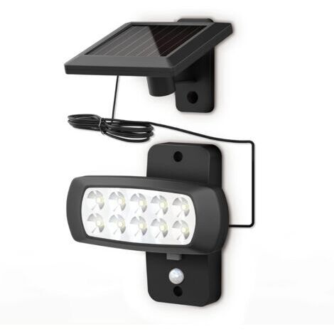 Lampe solaire LED extérieur IP44, détecteur de mouvements PIR, projecteur mural maison terrasse balcon noir, protégé contre des éclaboussures, lumière blanche froide 6500K