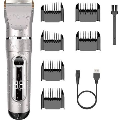 Tondeuse Cheveux Professionnelle IPX7 Tondeuse à Cheveux LCD de Lame Céramique avec Peigne de Réglage Motorisé 3/6/9/12 mm Imperméable Rechargeable pour Domicile ou Coiffeur(Argent) (1/5)