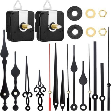 Mécanisme d'horloge silencieux à arbre long –Kit de 2 mouvements avec aiguilles –Compatible avec panneaux de 9 à 13 mm