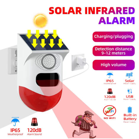 Alarme sonore et lumineuse infrarouge à induction du corps humain solaire Lumière stroboscopique d'alarme 120dB, adaptée à la maison, à la ferme, à la grange, à la villa, au jardin