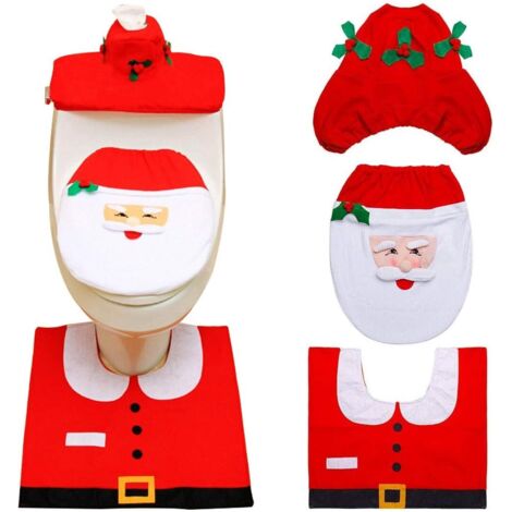 3 pièces Couverture de Siège de Toilette de Noël Décorations Noël Housse pour abattant de WC pour réservoir et Tapis de Salle de Bain Set de décoration,décoration de fête(Père Noël)