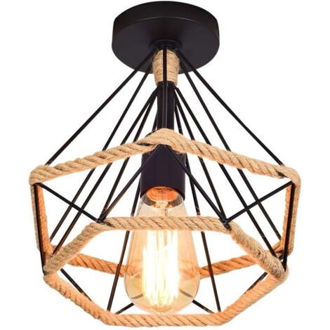Lampe de Plafond rétro vintage Plafonnier Industrielle Cage en forme Diamant en Métal avec corde de chanvre Fer Lustre Suspension Luminaire pour Salon Salle Chambre Décorer Maison,25cm (1/5)