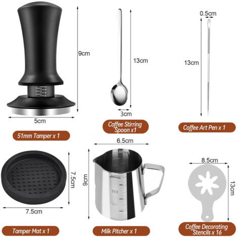 Ensemble de six pièces 51 mmTasseur à café à pression réglable, type à bouton-poussoir, kit de tasseur, pression constante (1/5)