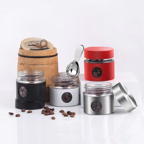 noirMini bocal de conservation portable et hermétique pour le café, les céréales et autres aliments. Ensemble de bocaux en verre avec couvercle. (1/5)