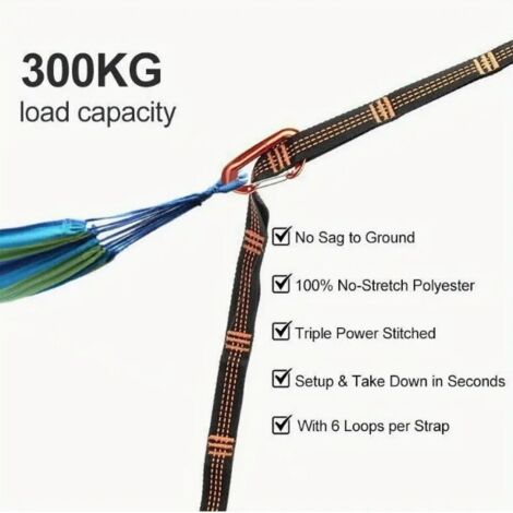 Longueur bleue de 2,5 m + 1 anneau + 2 boucles noires, 2 pièces emballées dans un sachet OPP. Sangles de hamac pour une installation rapide en extérieur, distance réglable, corde à linge en polyester (1/5)