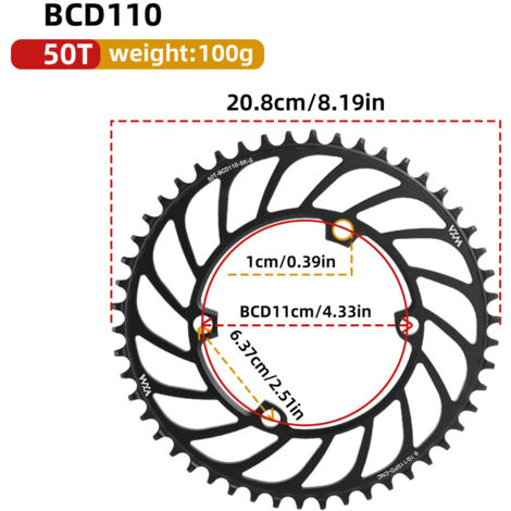 50T Plateau universel 4 trous à griffes pour vélo, mono-vitesse, entraxe 110 BCD, dents positives et négatives, 36T, 38T, 40T, 4250T, 58T (1/5)