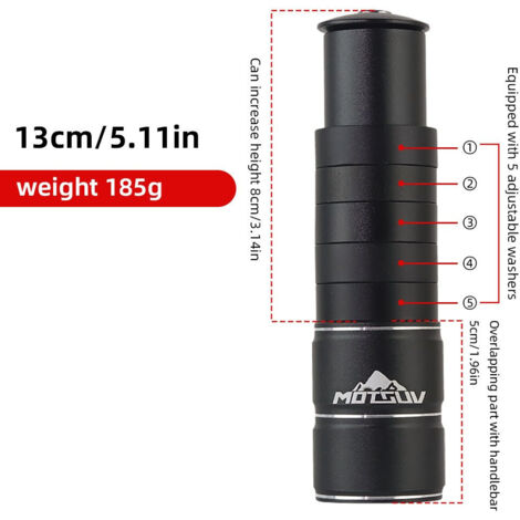 130 mm (5 bagues de réglage) Rehausse de potence en alliage d'aluminium pour vélo, fourche avant, rallonge de potence, accessoire universel pour vélo (1/5)