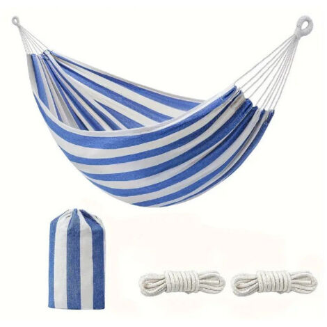 Lit double à rayures bleues et blanches 260150 Hamac simple en toile, rayé épais, pour le camping en extérieur, avec panier de suspension amovible et lavable.
