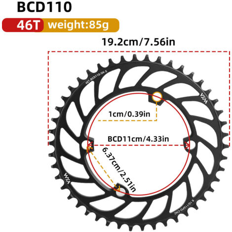 46T Plateau universel 4 trous à griffes pour vélo, mono-vitesse, entraxe 110 BCD, dents positives et négatives, 36T, 38T, 40T, 4250T, 58T (1/5)