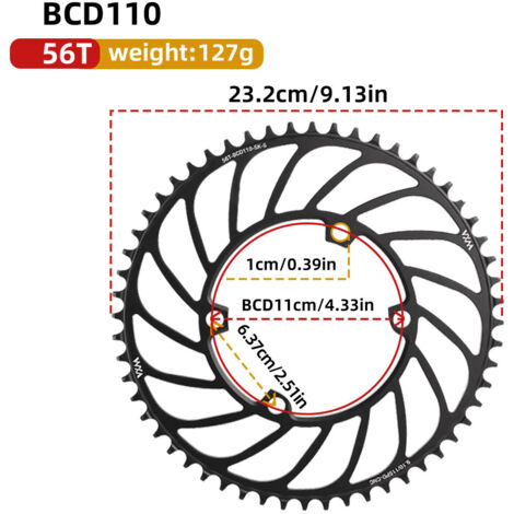 56T Plateau universel 4 trous à griffes pour vélo, mono-vitesse, entraxe 110 BCD, dents positives et négatives, 36T, 38T, 40T, 4250T, 58T (1/5)