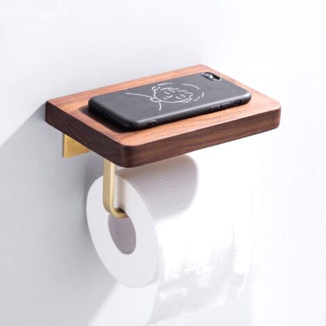Porte papier toilette bois, support papier toilette mural de téléphone portable avec étagère, surface en laiton poli de style moderne porte serviettes en papier accessoires de salle de bain en rouleau