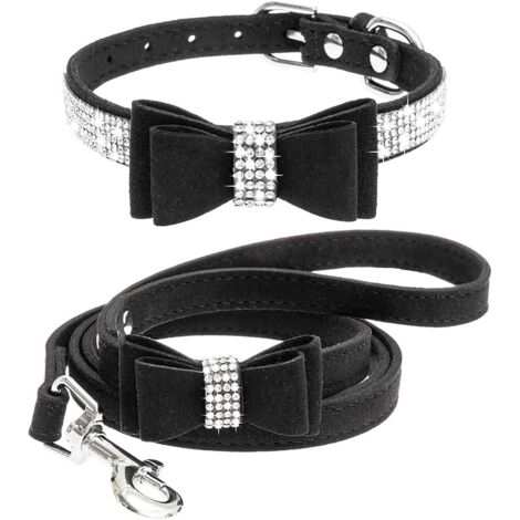 Collier pour Chien avec Laisse Ensemble Colliers et Laisses pour Animaux de Compagnie Réglable Chien Chat Strass Bowknot Cristal Bling Collier de Chien pour Petits Chiens Chiens Moyens
