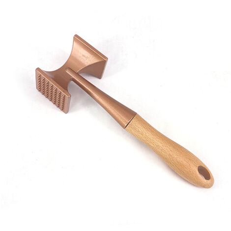 1 marteau à viande, attendrisseur de viande robuste, marteau à steak avec manche en bois et alliage de zinc de qualité alimentaire, marteau de cuisine 2 en 1, 26 cm (doré) (1/3)