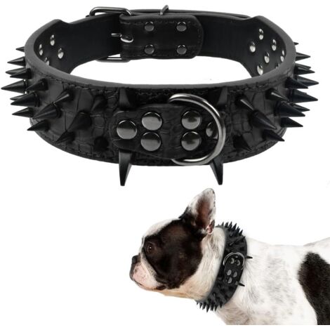 Collier pour Chien, Collier clouté, Collier en Cuir avec Clous, Collier pour Chien avec Boucle de Sécurité, Collier Bouledogue Français, Collier pour Grands Chiens, Réglable(noir)