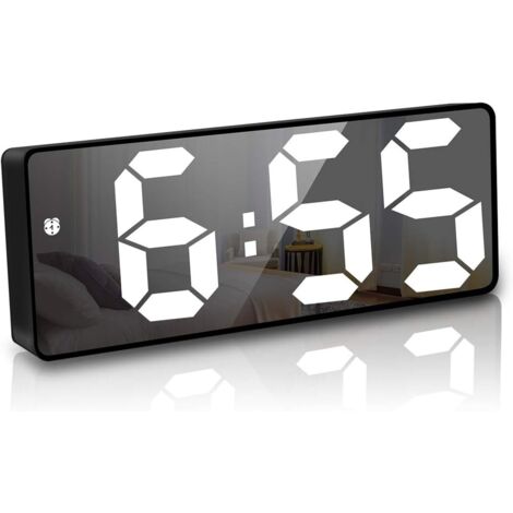 Réveil numérique, 6,7 pouces LED Miroir Horloge numérique Alarme de chevet Alarme matinale, Activé par la voix/Non-Tick/Snooze/Temp/Date Heure Luminosité réglable pour enfants adultes, Noir
