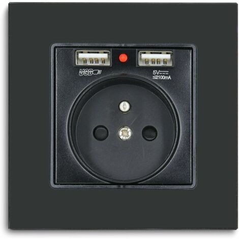 prise murale avec 2xUSB,Betterlife16amp Prise simple de courant alternatif Panneau en verre cristal prise murale Noir,prise 250V avec USB(max.2,1A),convient à la smartphone,à la tablette et au MP3(1 p (1/5)