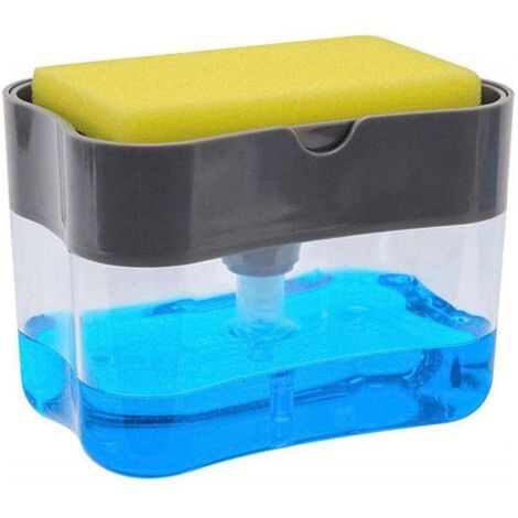 Distributeur Savon avec Porte-Éponge, Distributeur Pompe à Savon 2 en 1, Manuel Durable ABS Distributeur de Liquide Vaisselle avec Une Éponge pour Cuisine, Salle de Bain, Salle d'eau (Gris)