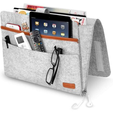 Sac de Chevet, Organisateur de Poche de Rangement pour Sac Suspendu en Drap de Lit pour Télécommande, Tablette, Câble de Charge, Magazine, Lunettes, Stylo - Gris Clair