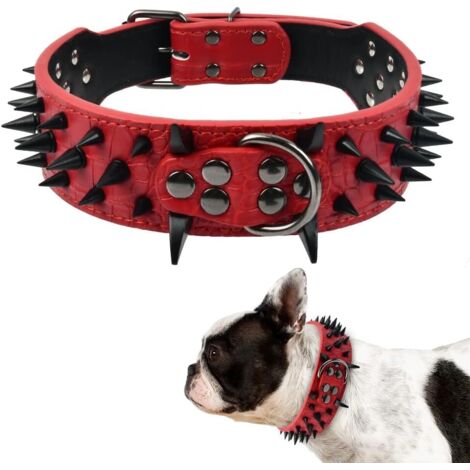 Collier pour Chien, Collier clouté, Collier en Cuir avec Clous, Collier pour Chien avec Boucle de Sécurité, Collier Bouledogue Français, Collier pour Grands Chiens, Réglable(rouge)