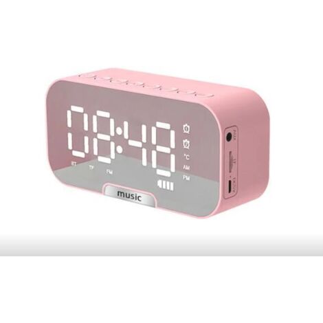Horloge multifonctionnelle One Piece 5 en 1 avec haut-parleur Bluetooth, radio FM et réveil miroir numérique avec affichage de la température, rechargeable, prise en charge de la carte TF (rose) -13,9